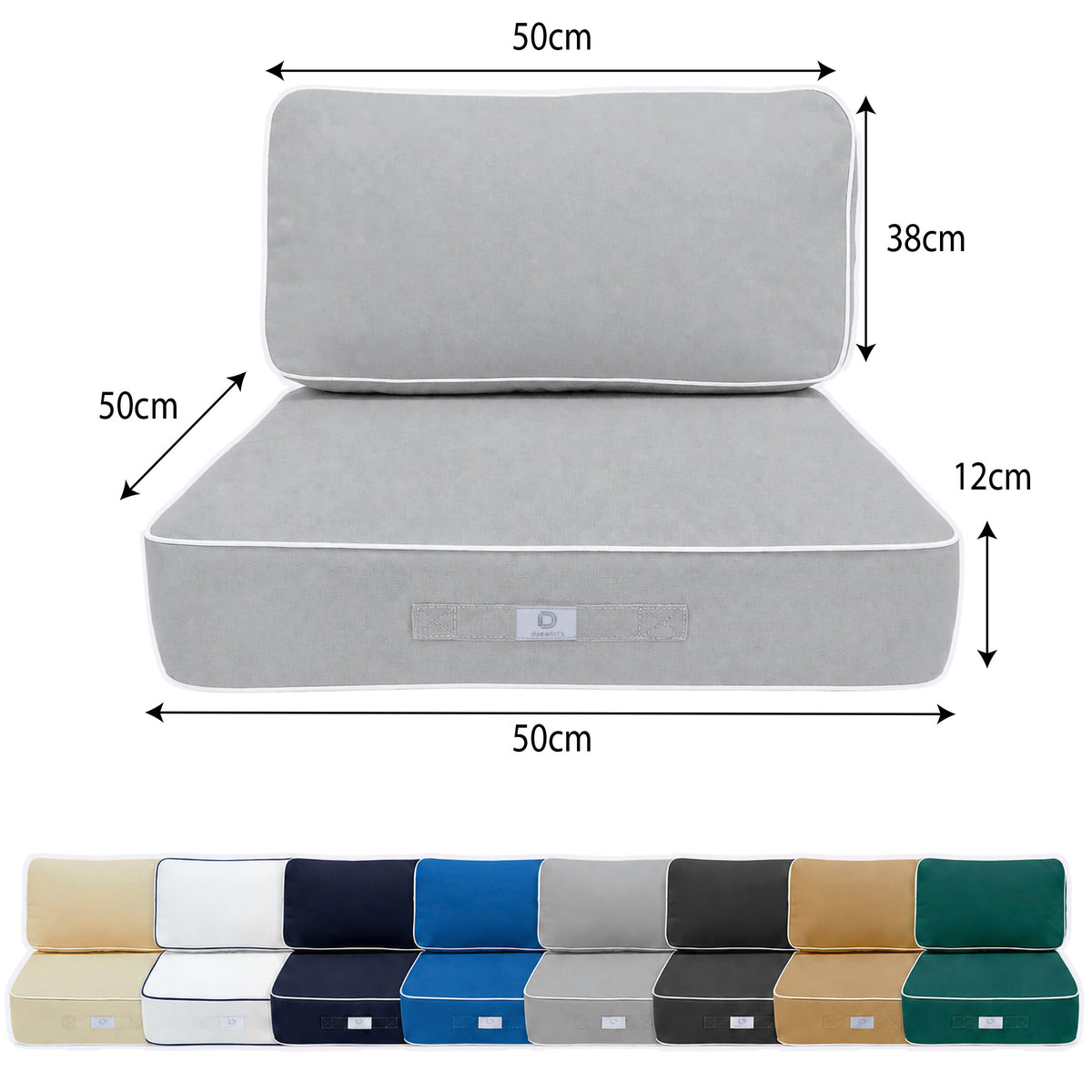 Set Cuscini Premium 50x50 Grigio Chiaro - Spesso 12cm & Finitura con Profilo – schema con le misure