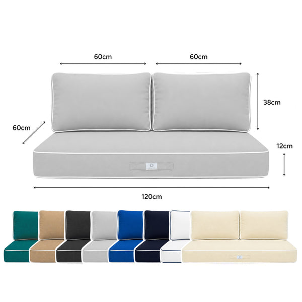 Set Cuscini Premium 120x60 Grigio Chiaro - 1 Seduta + 2 Schienali (Spesso 12cm & Passepoil)