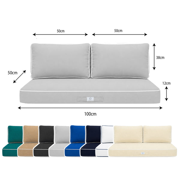Set Cuscini Premium 100x50 Grigio Chiaro - 1 Seduta + 2 Schienali (Spesso 12cm & Passepoil)