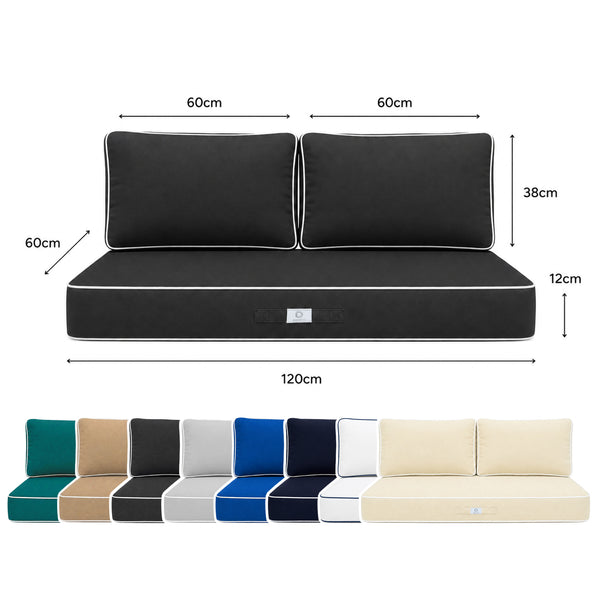 Set Cuscini Premium 120x60 Grigio Scuro - 1 Seduta + 2 Schienali (Spesso 12cm & Passepoil)
