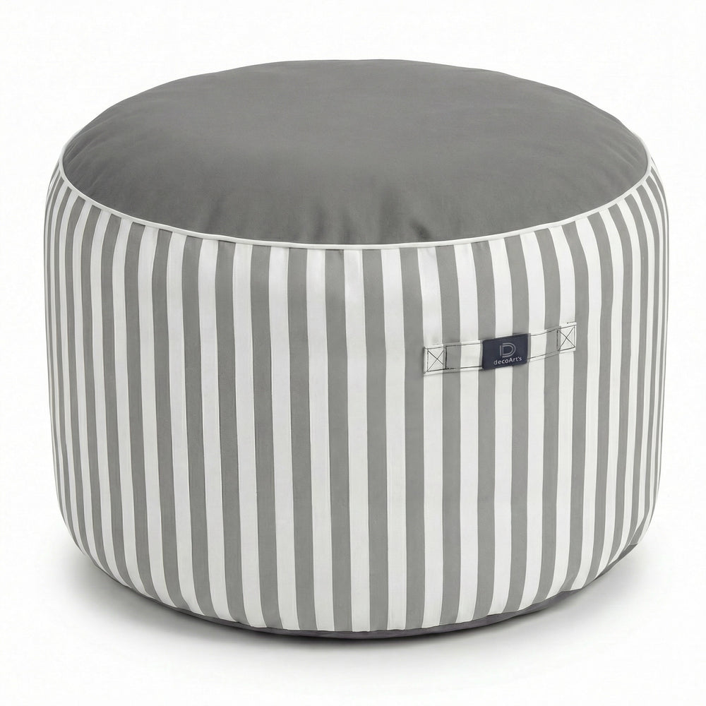 Pouf Rotondo Righe Grigio Chiaro, tessuto anti-UV e idrorepellente