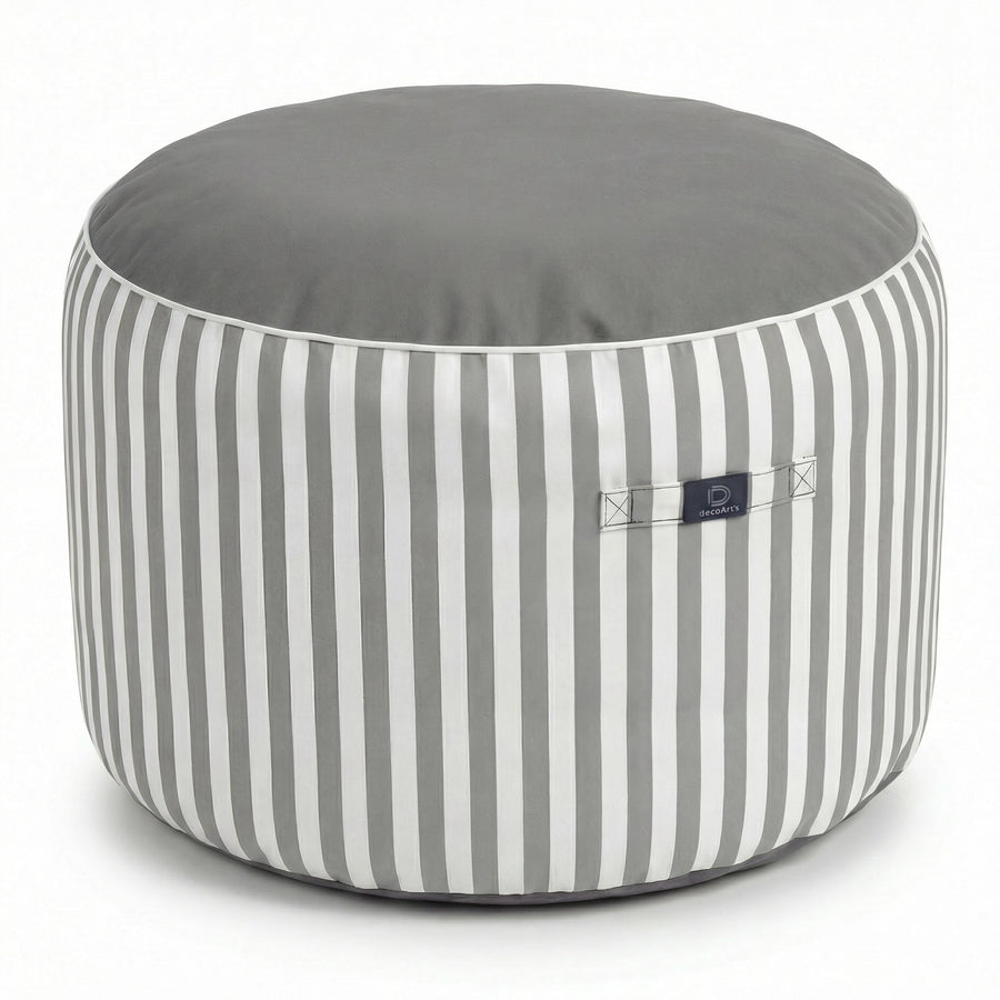 Pouf Rotondo Righe Grigio Chiaro, tessuto anti-UV e idrorepellente