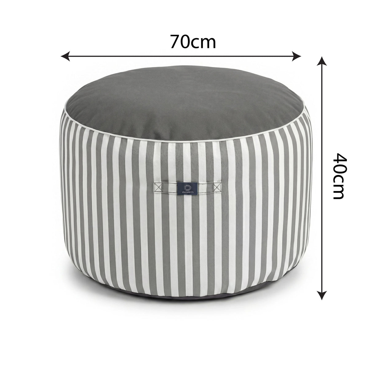 Pouf Rotondo Righe Grigio Chiaro - Premium 270g - Altezza 40cm Diametro 70cm – schema con le misure