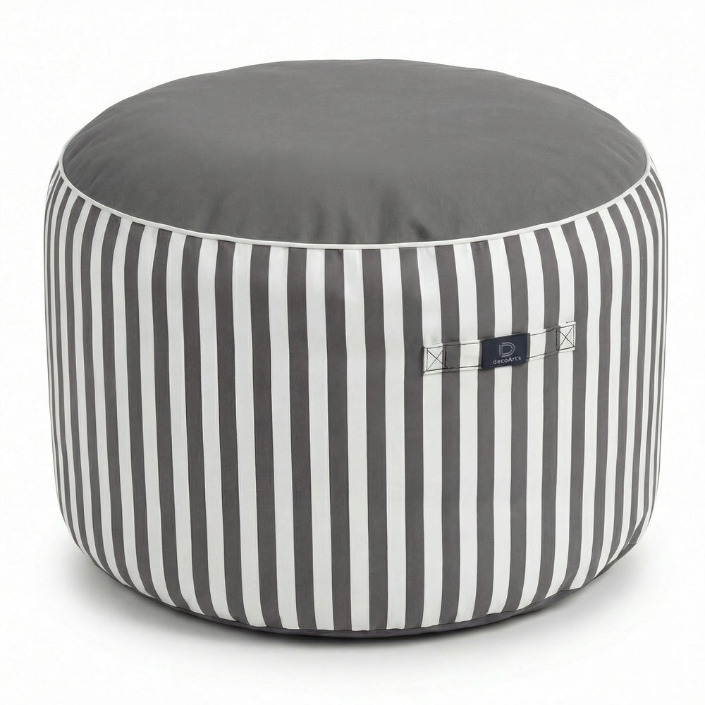 Pouf Rotondo Righe Grigio Scuro, tessuto anti-UV e idrorepellente