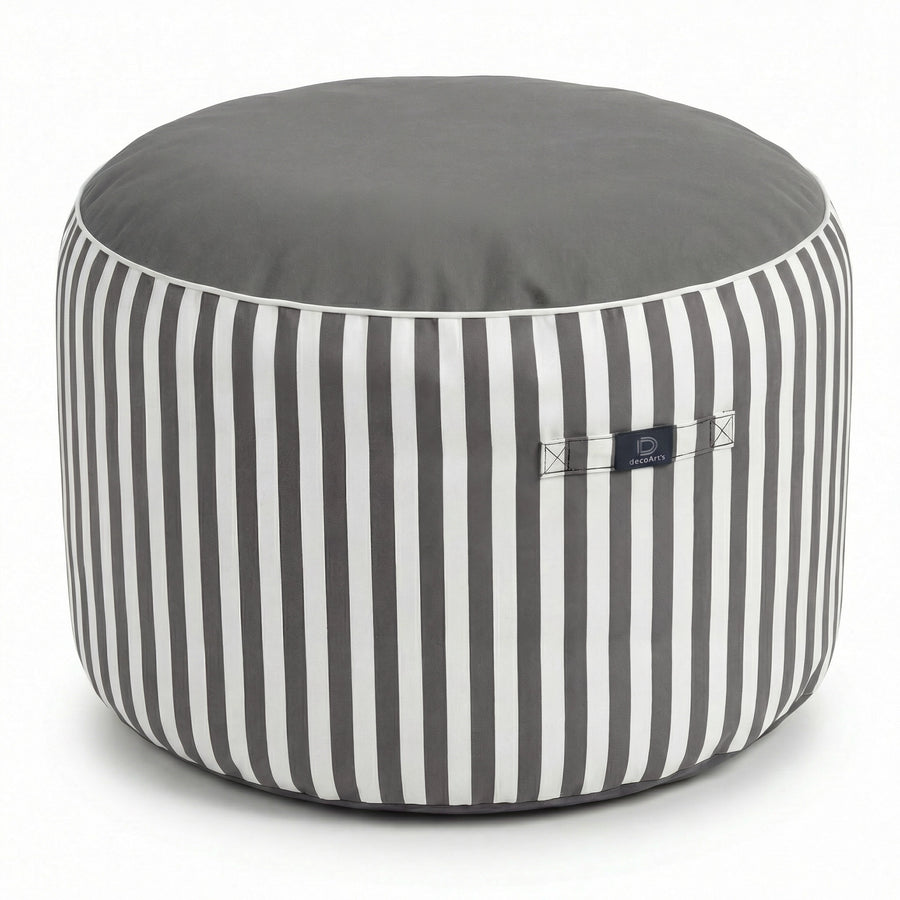 Pouf Rotondo Righe Grigio Scuro, tessuto anti-UV e idrorepellente