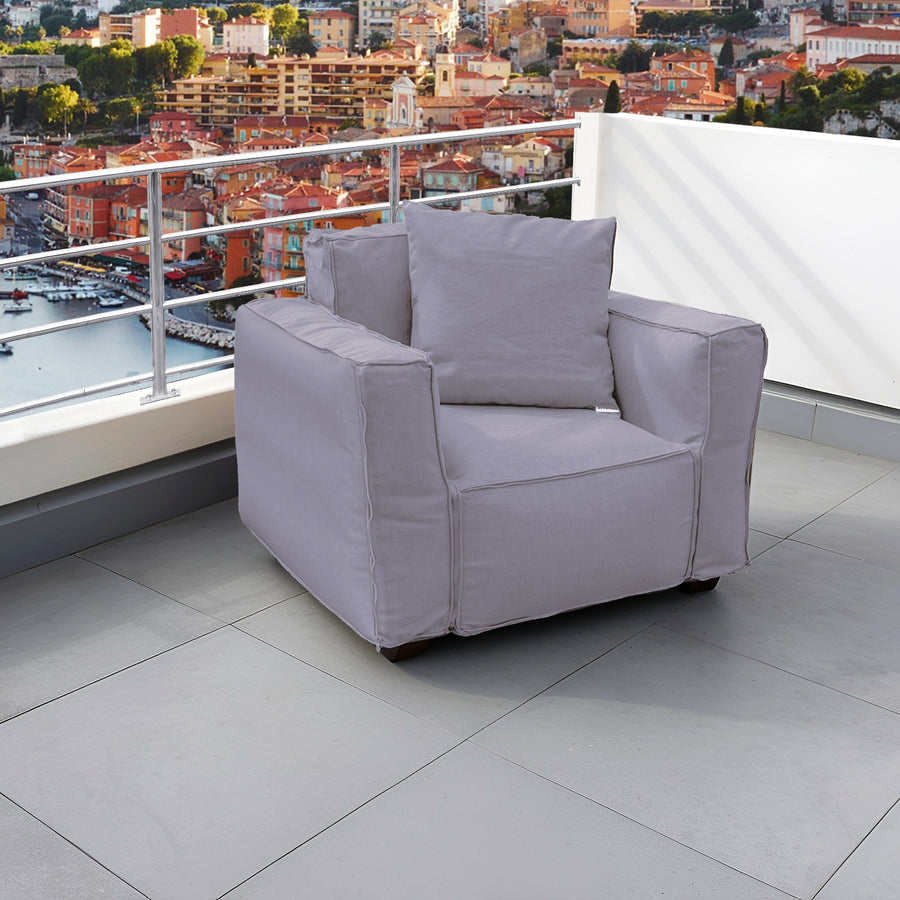Coussin pour fauteuil de jardin modulable gris galet, tissu Olefin avec cœur gonflable et pompe incluse, pour confort extérieur.