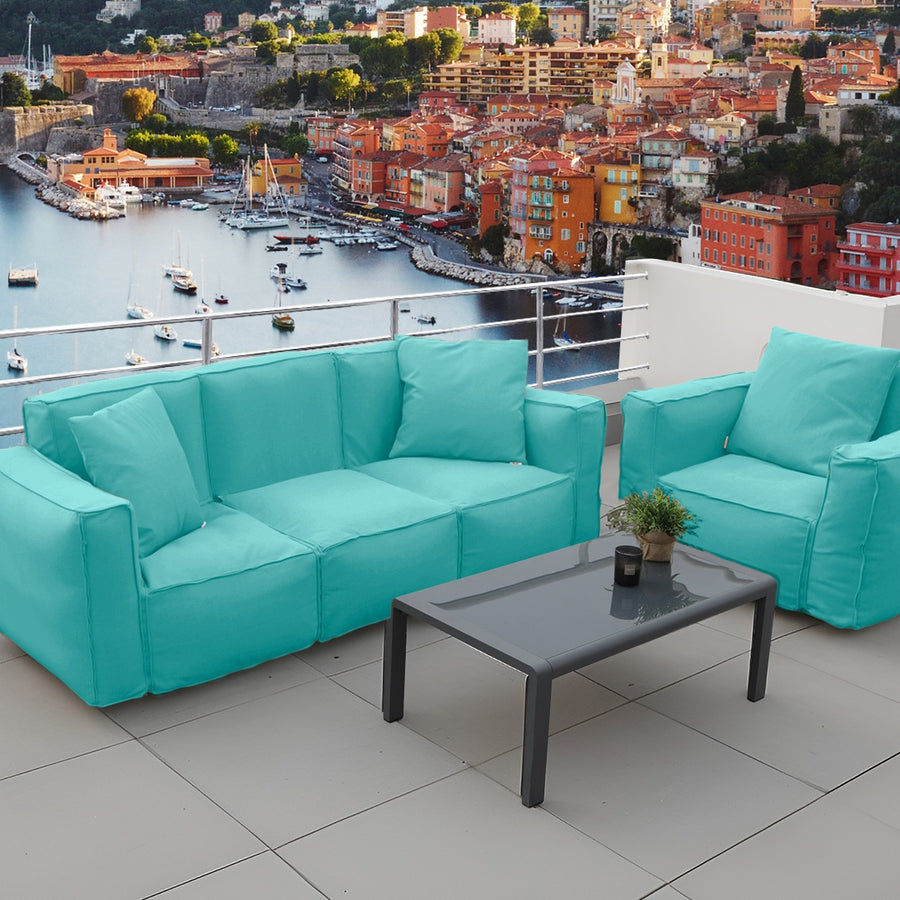 Tre poltrone modulari Blu Caraibi unite con cerniera in un divano a 3 posti