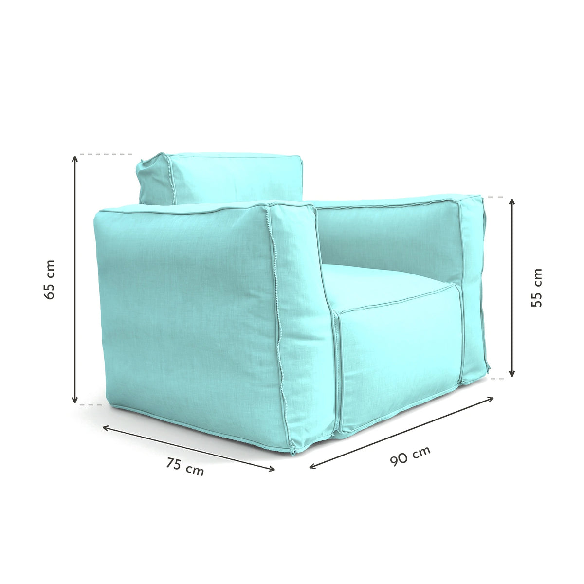 Poltrona Modulare da Giardino 90x75 Blu Caraibi - Tessuto Olefin & Interno Gonfiabile (Pompa Inclusa) – schema con le misure