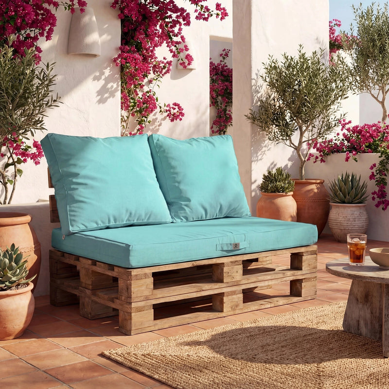 Set Cuscini Pallet Sfoderabili 120x80 Blu Caraibi - Impermeabile & Extérieur (1 Seduta + 2 Schienali)