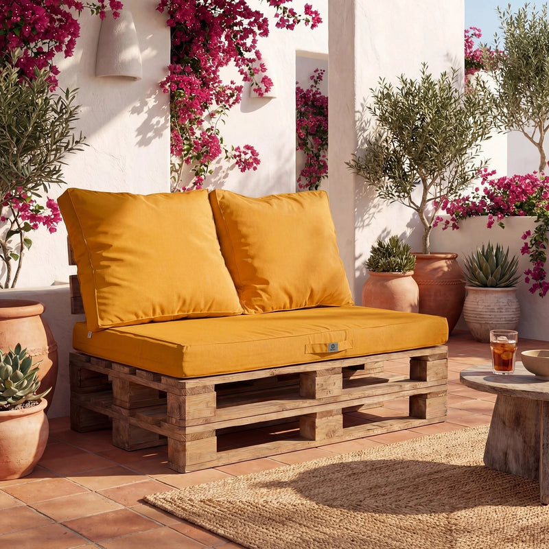 Set Cuscini Pallet Sfoderabili 120x80 Giallo - Impermeabile & Extérieur (1 Seduta + 2 Schienali)