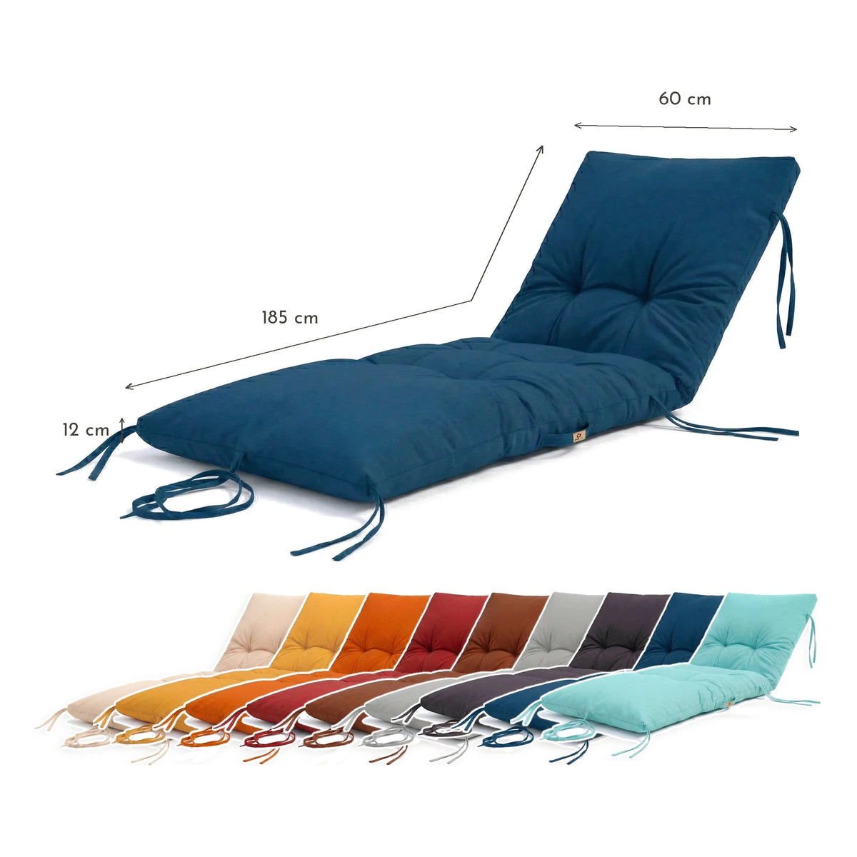 Materassino Lettino Prendisole 185x60 Blu Petrolio - Spesso 12cm & Impermeabile – schema con le misure
