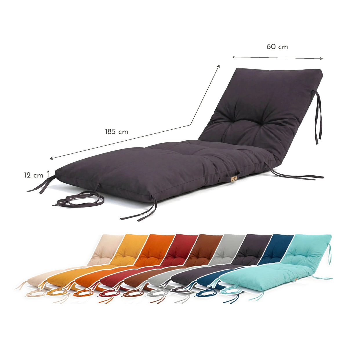 Materassino Lettino Prendisole 185x60 Grigio Carbone - Spesso 12cm & Impermeabile – schema con le misure