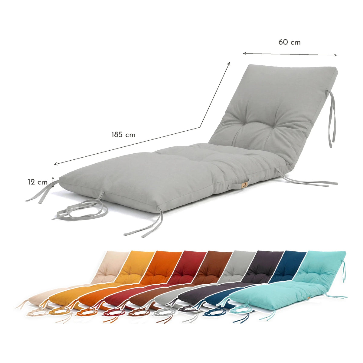 Materassino Lettino Prendisole 185x60 Grigio Ciottolo - Spesso 12cm & Impermeabile – schema con le misure