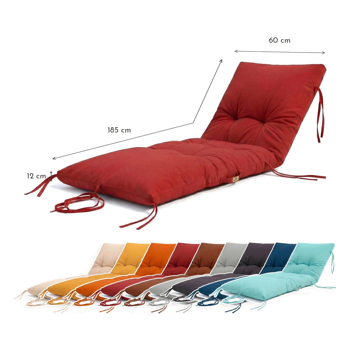 Materassino Lettino Prendisole 185x60 Rosso Peperoncino - Spesso 12cm & Impermeabile – schema con le misure