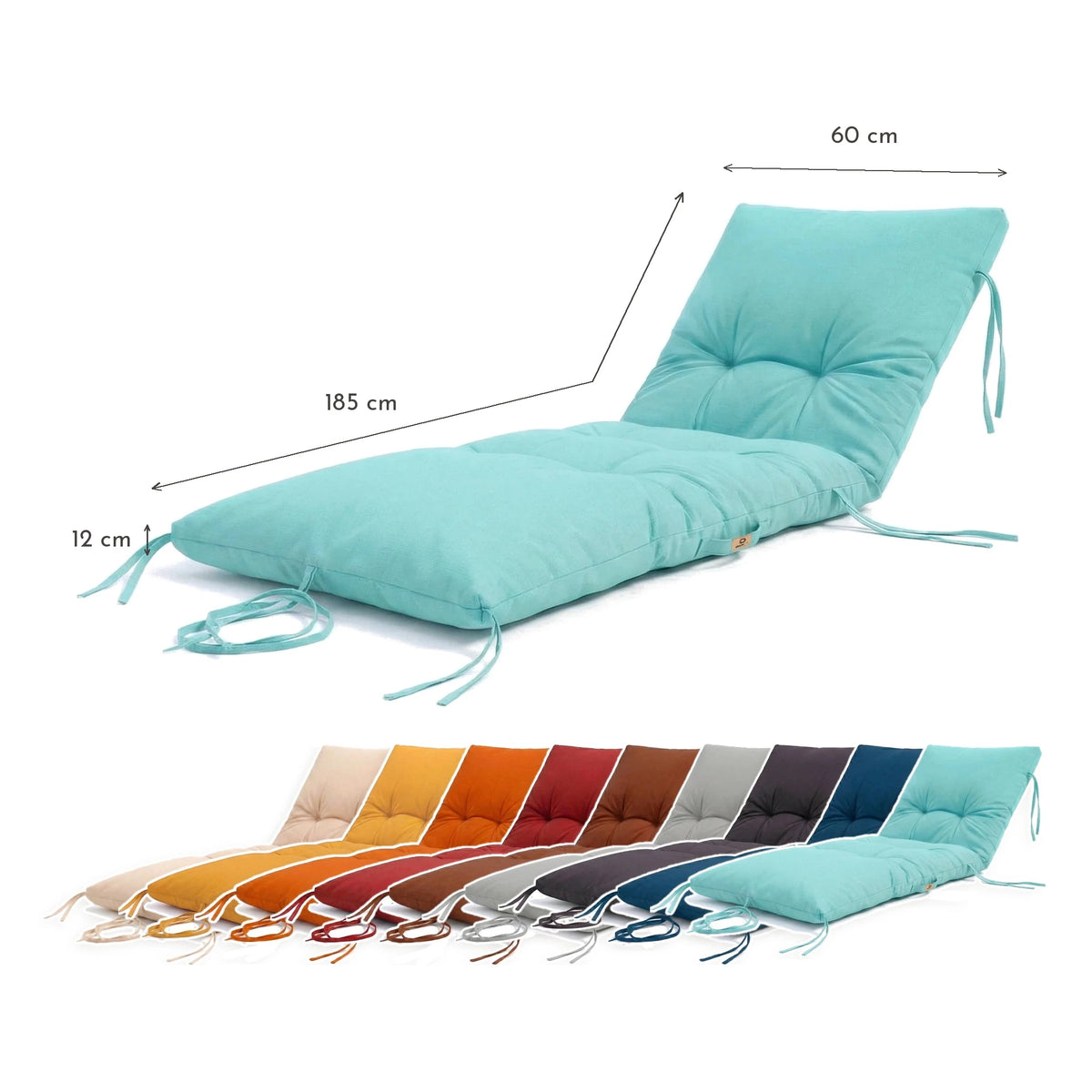 Materassino Lettino Prendisole 185x60 Blu Caraibi - Spesso 12cm & Impermeabile – schema con le misure