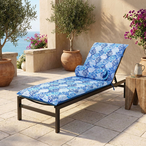 Set di 2 Cuscini Chaise Longue 195x60 Motivo Fogliame Blu + 2 Cuscini Cilindrici - Anti-UV