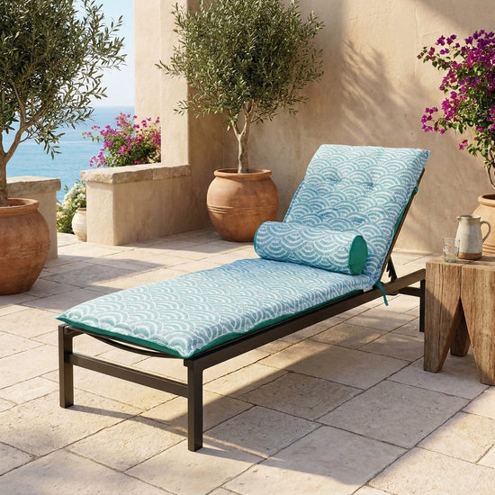 Materassino Sdraio 195x60 Motif Éventails Verdes + Cuscino Cilindrico - Anti-UV & Idrorepellente