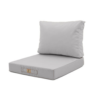 Ensemble de coussins de salon de jardin 60x60 cm gris galet, déhoussables et anti-UV pour fauteuils et canapés.