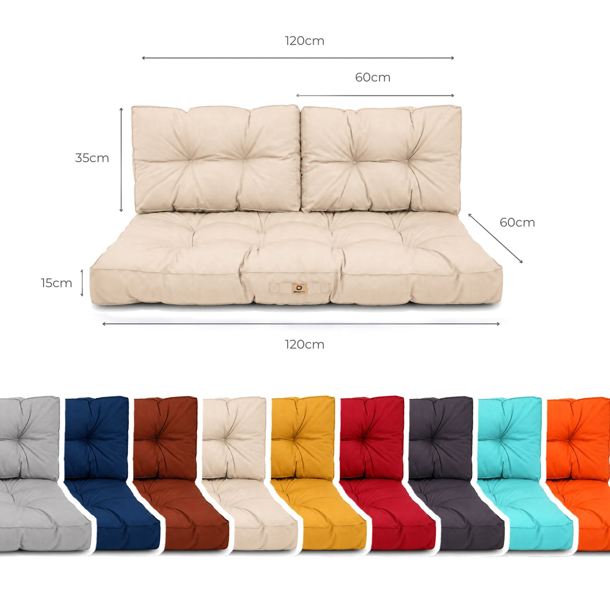 Set Cuscini Trapuntati per Panchina 120x60 Beige - Spesso 15cm (1 Seduta + 2 Schienali) – schema con le misure