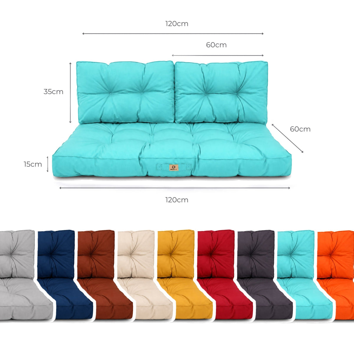 Set Cuscini Trapuntati per Panchina 120x60 Blu Caraibi - Spesso 15cm (1 Seduta + 2 Schienali) – schema con le misure