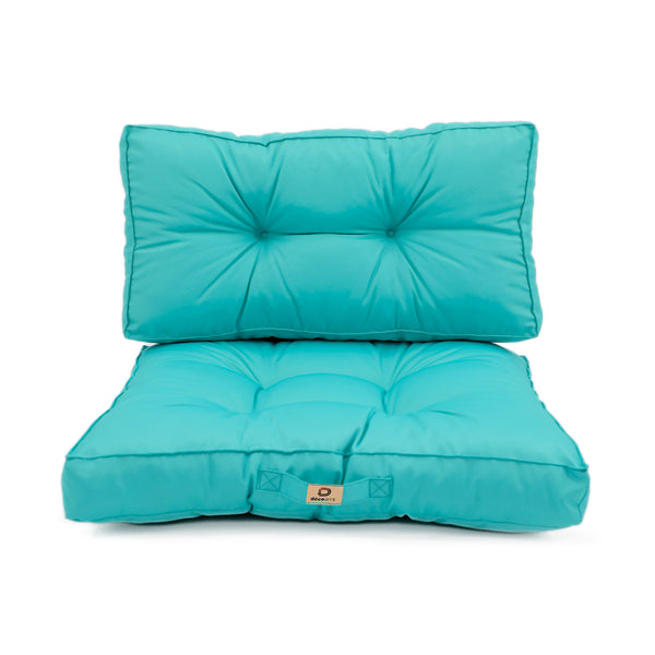 Ensemble de coussins capitonnés bleu Caraïbes pour fauteuils et canapés, épais 15cm et moelleux, pour assise et dossier.