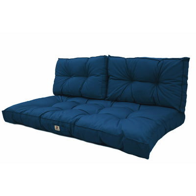 Ensemble de coussins capitonnés bleu pétrole pour banquette, 100x50 cm, épais 15 cm, incluant une assise et deux dossiers.