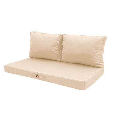 Ensemble de 3 coussins beige pour salon de jardin, déhoussables et anti-UV, pour fauteuils et canapés.