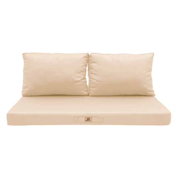 Ensemble de coussins de salon jardin beige pour fauteuils et canapés, déhoussables et anti-UV, 120x60 cm, comprenant 1 assise et 2 dossiers.