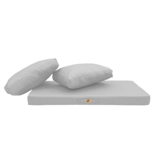 Ensemble de coussins de salon jardin gris galet, déhoussables et anti-UV, pour fauteuils et canapés, 120x60 cm.