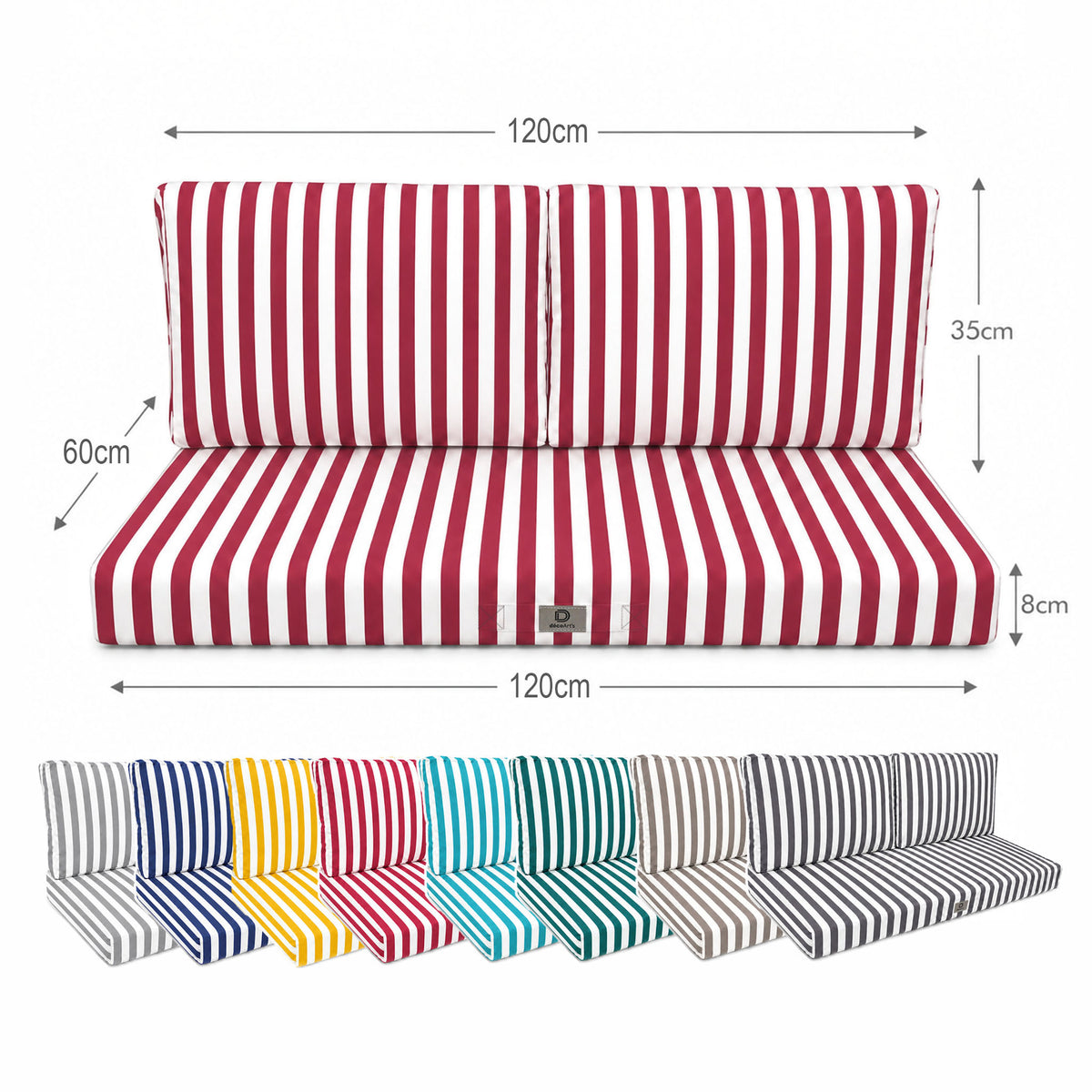 Set Cuscini Salotto da Giardino 120x60 Riga Rossa - Premium 270g (1 Seduta + 2 Schienali) – schema con le misure