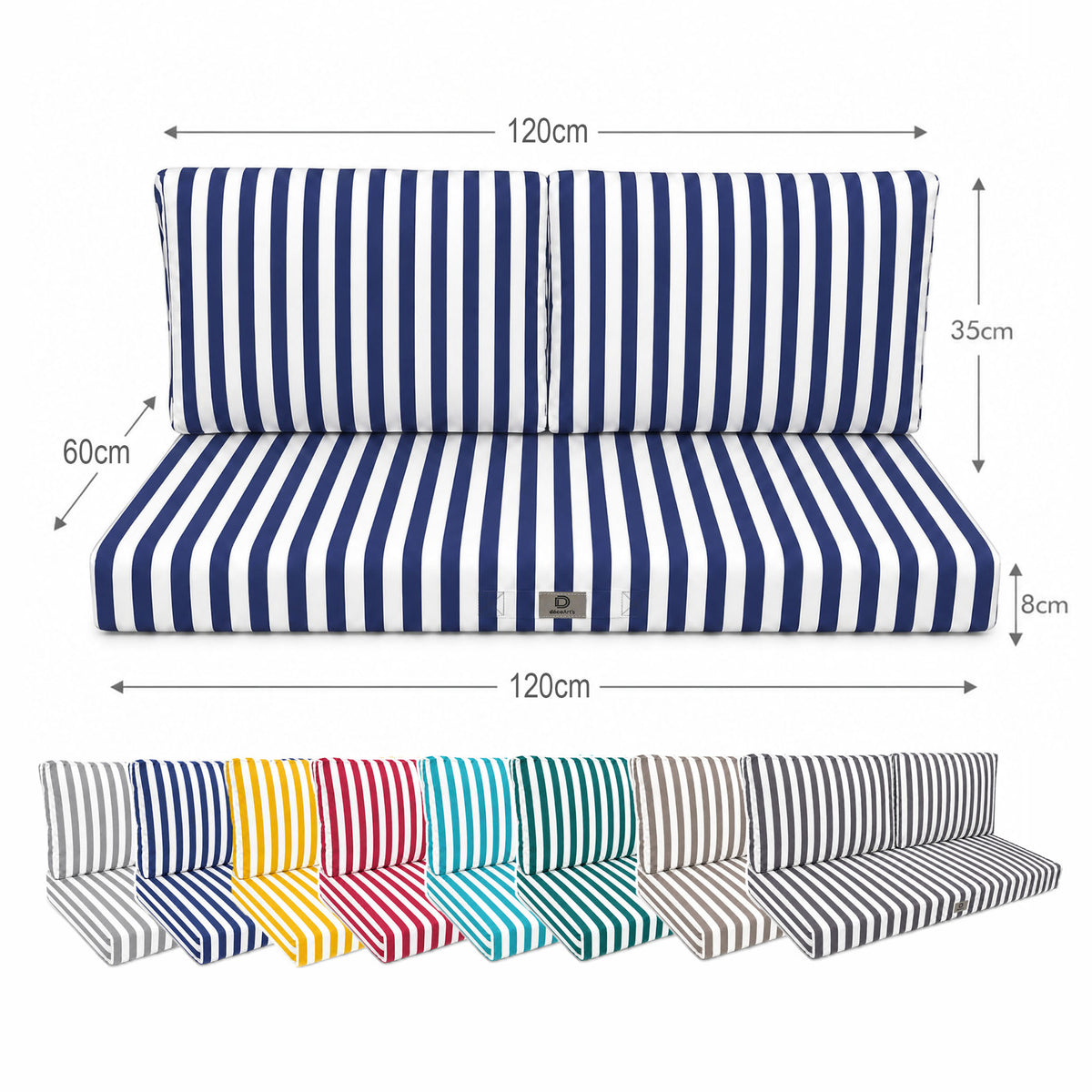 Set Cuscini Salotto da Giardino 120x60 Riga Blu Navy - Premium 270g (1 Seduta + 2 Schienali) – schema con le misure