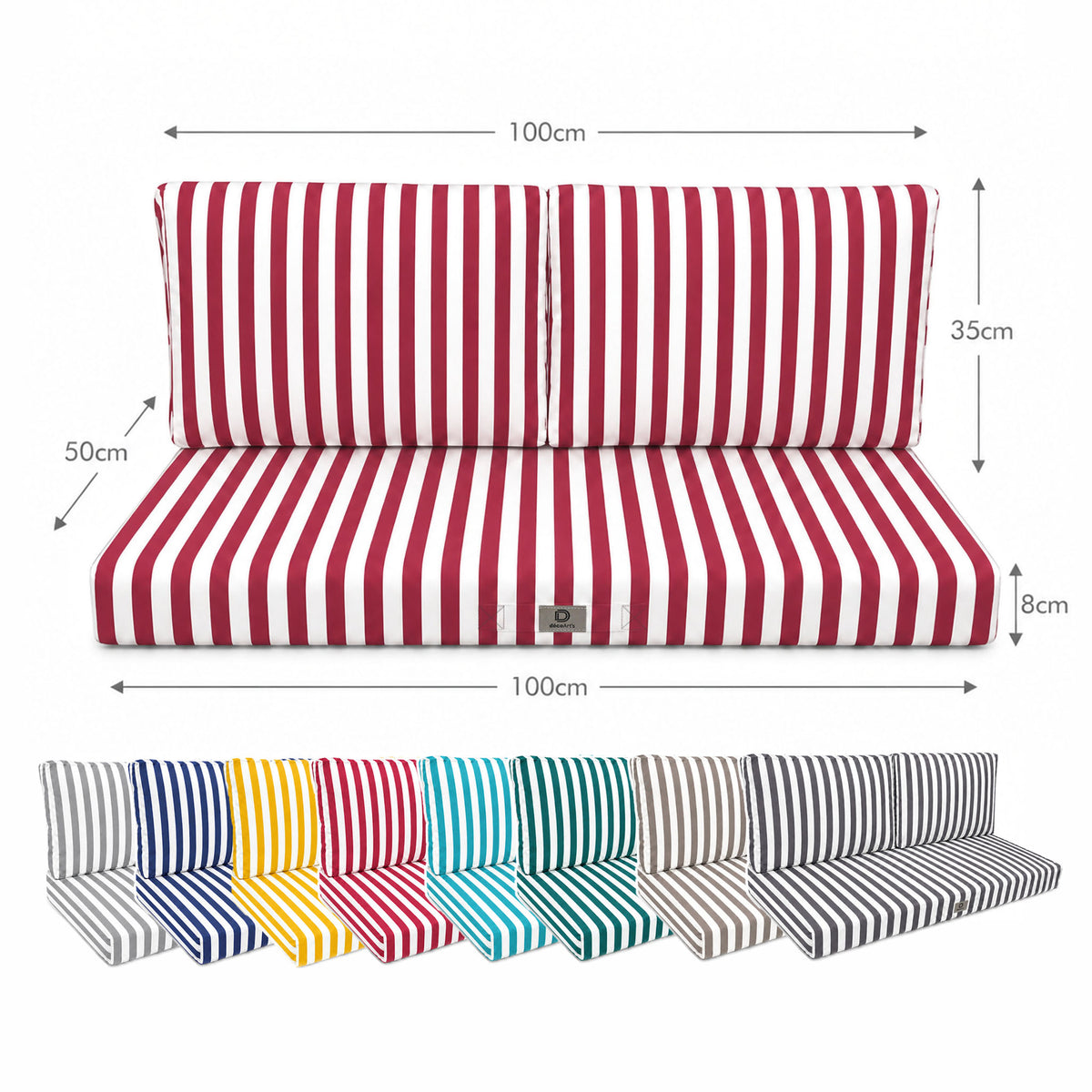 Set Cuscini Salotto da Giardino 100x50 Riga Rossa - Premium 270g (1 Seduta + 2 Schienali) – schema con le misure
