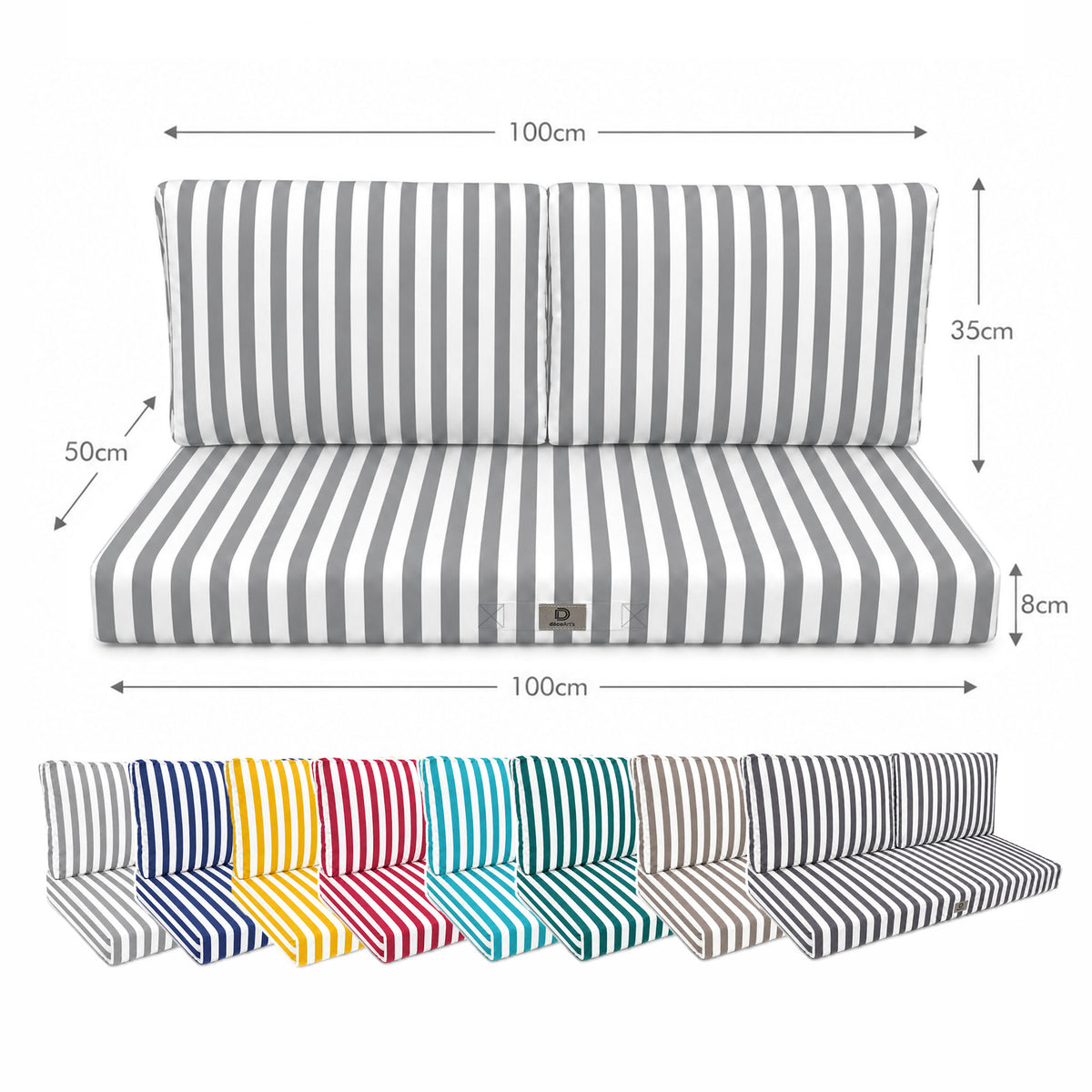 Set Cuscini Salotto da Giardino 100x50 Riga Grigio Chiaro - Premium 270g (1 Seduta + 2 Schienali) – schema con le misure