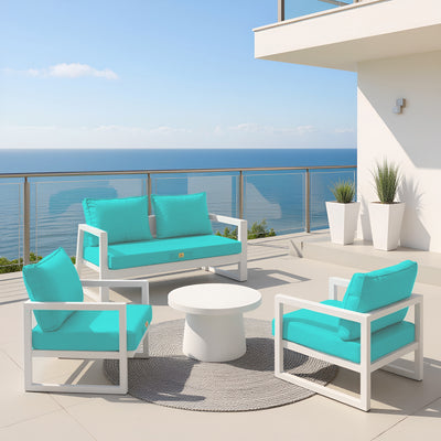 Ensemble de coussins de salon jardin 50x50 cm bleu Caraïbes, déhoussables et anti-UV pour fauteuils et canapés.