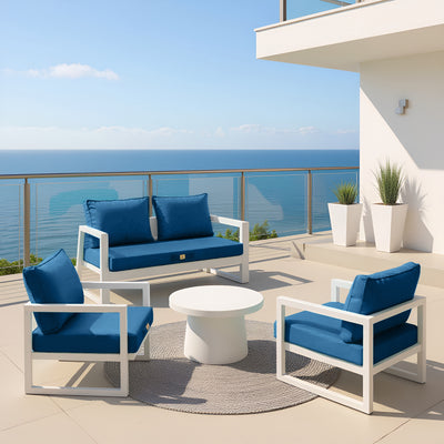 Ensemble de coussins pour salon jardin 50x50 cm bleu pétrole, déhoussables et anti-UV, pour fauteuils et canapés.