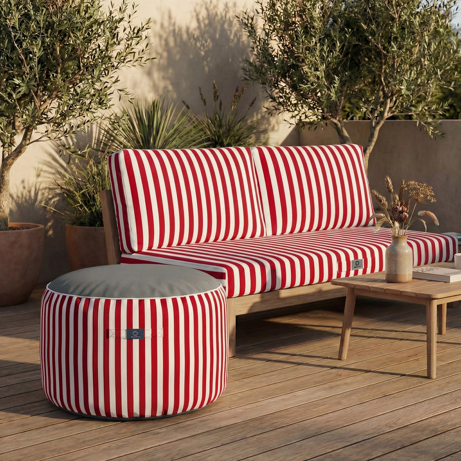Pouf Rotondo Righe Rosso, impermeabile