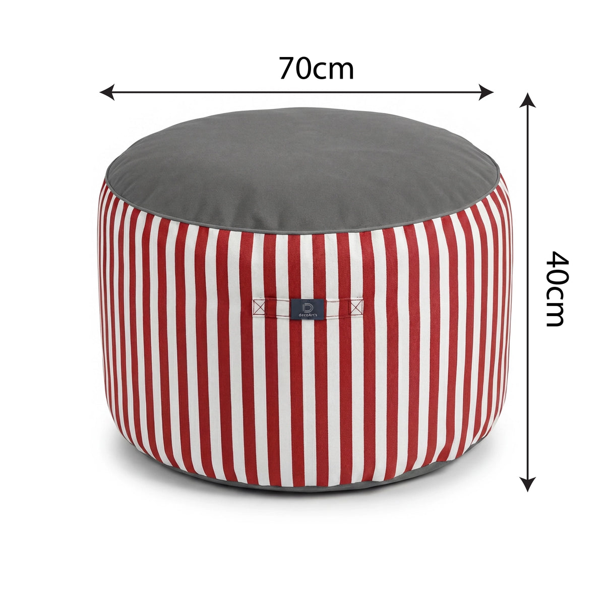 Pouf Rotondo Righe Rosso - Premium 270g - Altezza 40cm Diametro 70cm – schema con le misure