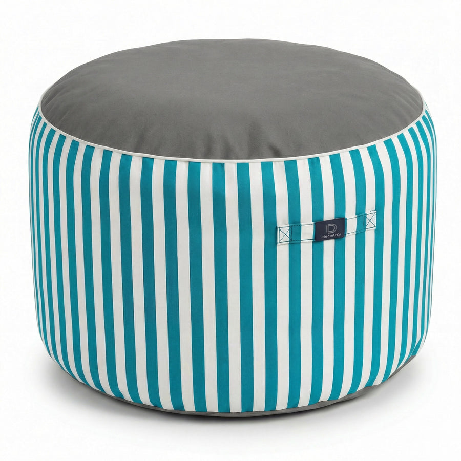 Pouf Rotondo Righe Turchese, tessuto anti-UV e idrorepellente