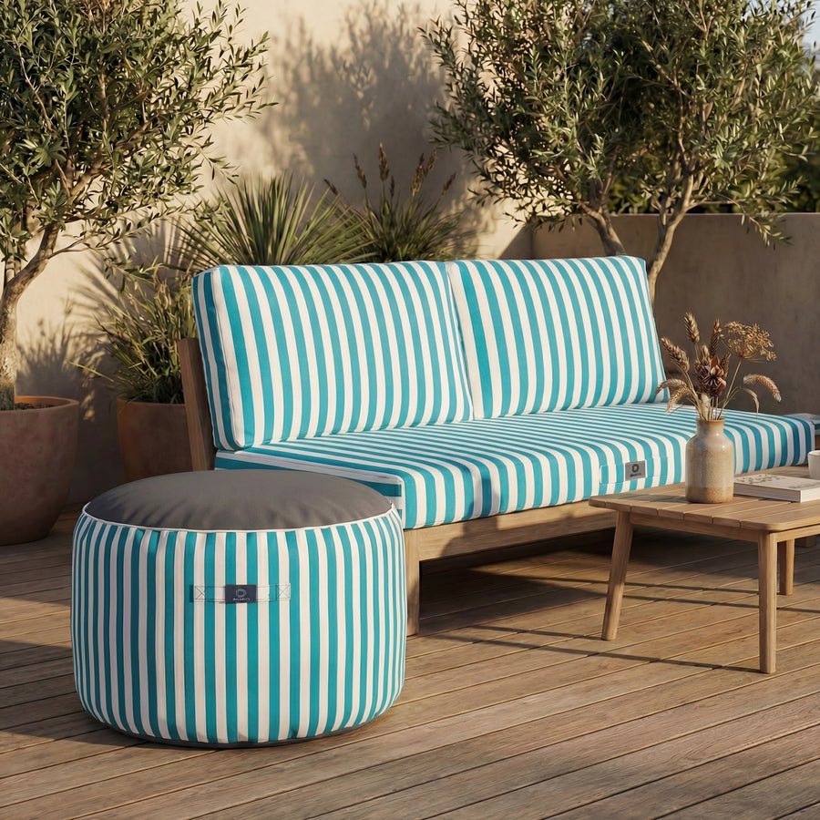 Pouf Rotondo Righe Turchese, impermeabile