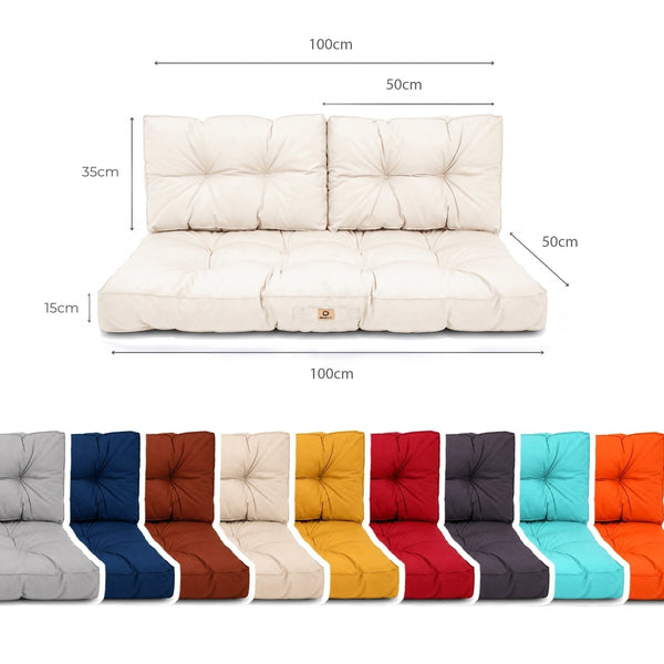Dimensioni: seduta 100 x 50 cm, 2 schienali 50 x 35 cm, spessore 15 cm, con i colori disponibili