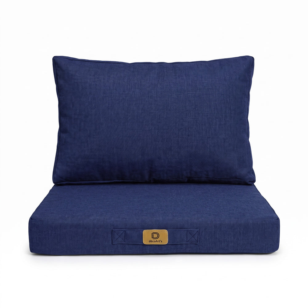 Set cuscini per poltrona effetto lino Blu Indaco 50×50 cm su sfondo bianco, vista frontale