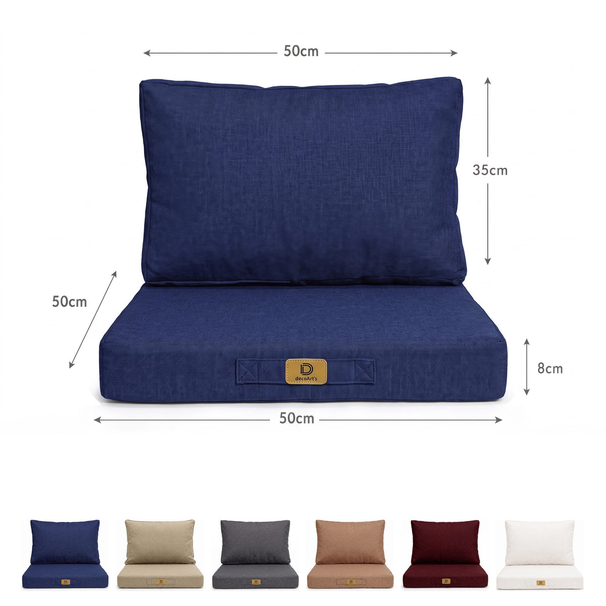 Set Cuscini Poltrona 50x50 Blu Indaco - Effet Lin & Sfoderabile (Seduta + Schienale) – schema con le misure