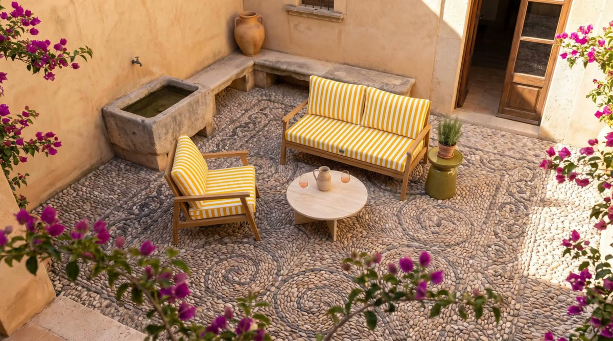 Salotto da giardino in teak con cuscini Premium con profilo grigio scuro Deco Arts su una terrazza mediterranea vista mare