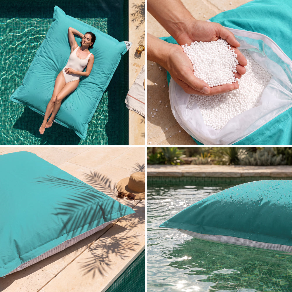 Pouf galleggiante gigante Blu Caraibi: comfort, perle di polistirolo, tessuto anti-UV e galleggiamento
