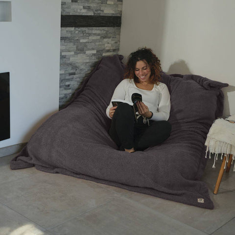 Fodera per pouf Sherpa per interni XXL (effetto pecora) Imbottitura in fiocchi di schiuma 190x155 cm - Grigio argento