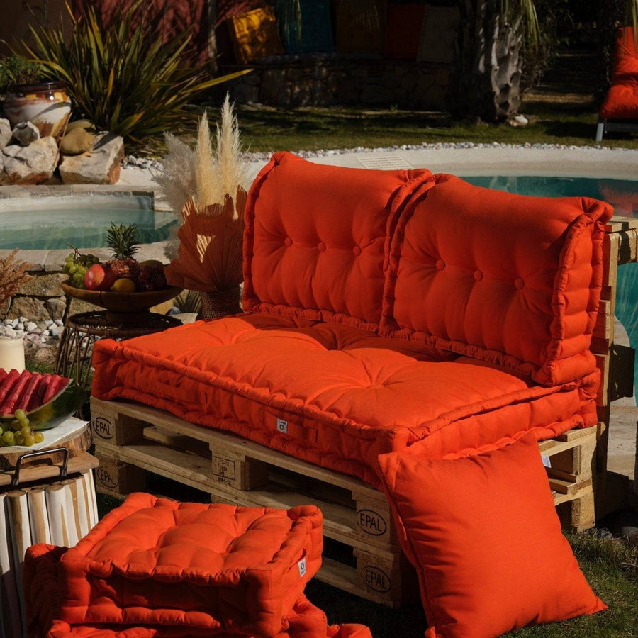 Kit de coussins Palette Europe Deco Arts 120x80cm orange, assise épaisse 20cm avec 1 assise et 2 dossiers pour fauteuils et canapés.