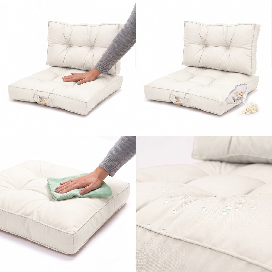 Set cuscini trapuntati Bianco Sporco: seduta morbida, imbottitura, facile da pulire, tessuto idrorepellente