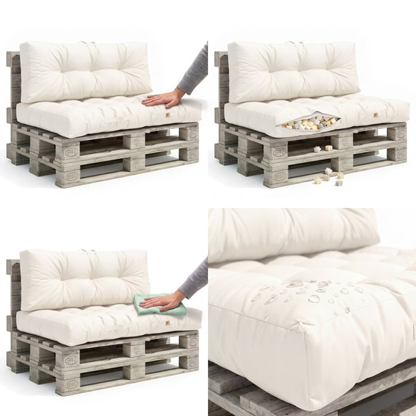 Set cuscini pallet Bianco Sporco: seduta morbida, imbottitura, facile da pulire, tessuto idrorepellente