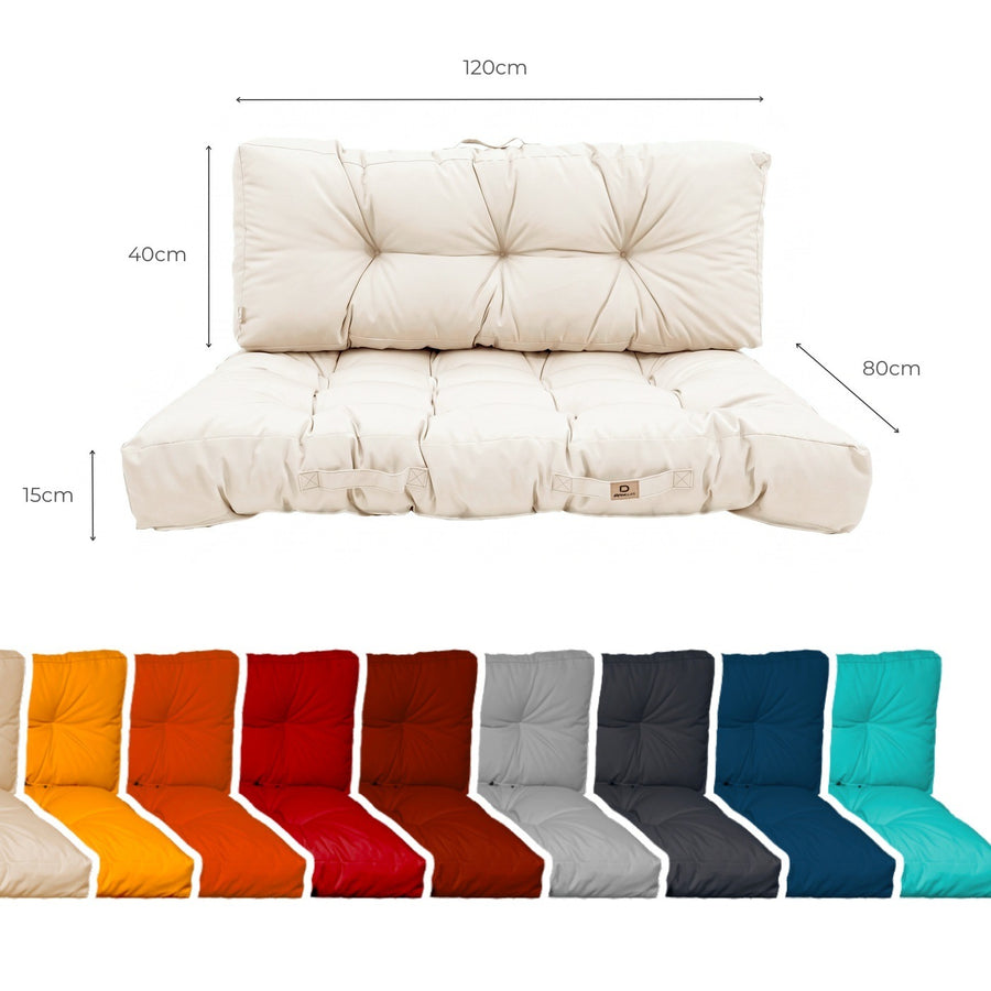 Dimensioni dei cuscini pallet: seduta 120 x 80 cm, spessore 15 cm, schienale 120 x 40 cm, con i colori disponibili