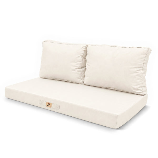 Set cuscini salotto da giardino 100x50 Bianco Sporco, 1 seduta e 2 schienali, vista di tre quarti su fondo bianco